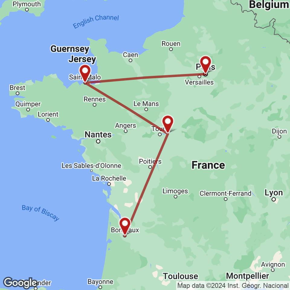 Route for Paris, Saint-Malo, Amboise, Bordeaux tour